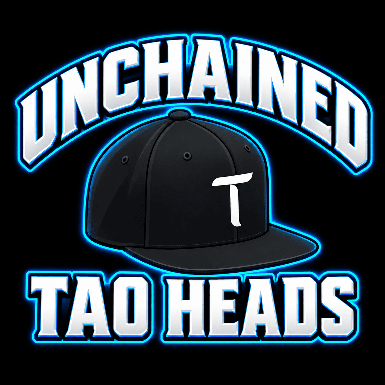 Black TAO hat with electric blue Unchained TAO Heads lettering
